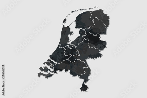 Netherlands watercolor map vector illustration of black color with border lines of different regions or provinces on light background using paint brush in page