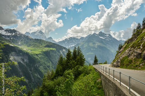 High mountain alpine road Klausenpass connecting cantons Uri and Glarus in Switzerland during late spring