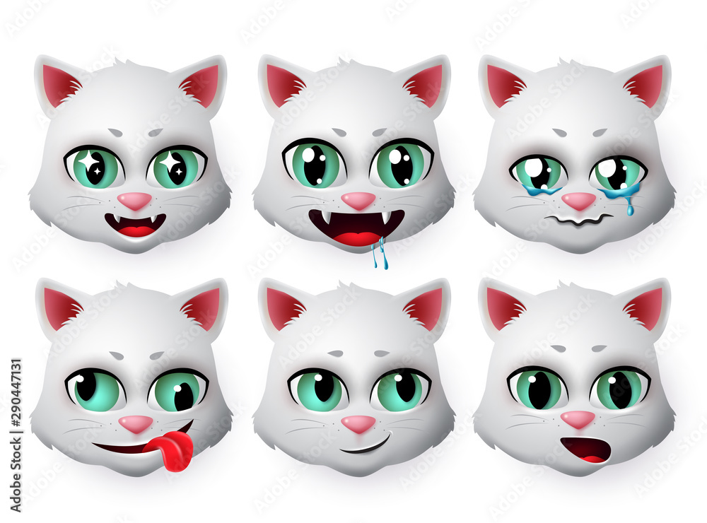 Emojis cat vector set. Cute cats face emoticons and icon in hungry and crying emotion for signs and symbols isolated in white background. Vector illustration 3d realistic.
