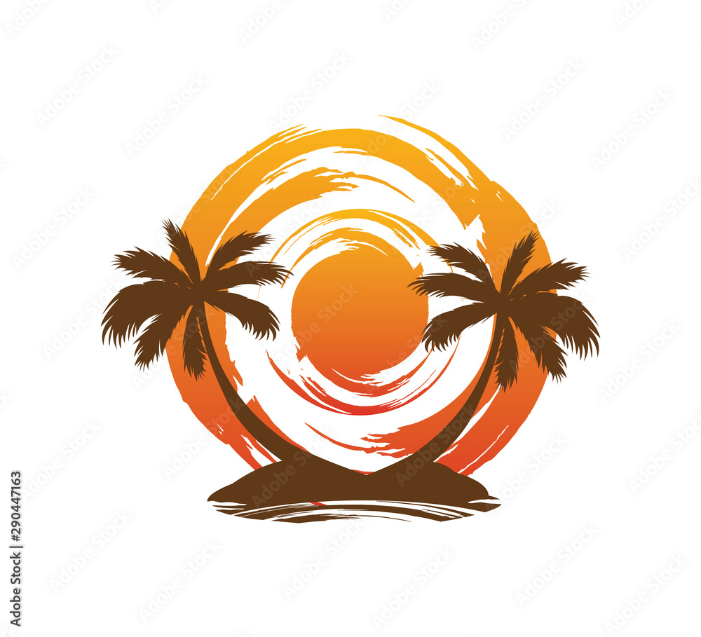 Beach sunset palm tree logo