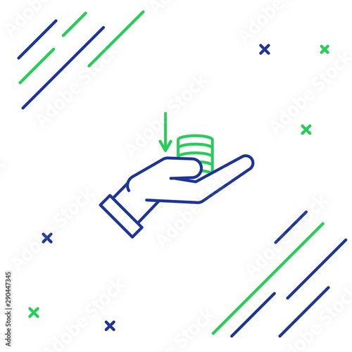 Blue and green line Money on hand icon isolated on white background. Palm holds cash with down. Cash salary decrease. Colorful outline concept. Vector Illustration