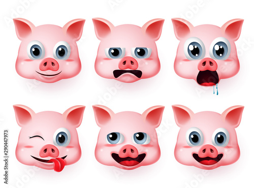 Pig emoji vector set. Pigs head animals emoticon with emotions and mood like hungry and funny isolated in white background. Vector illustration 3d realistic.