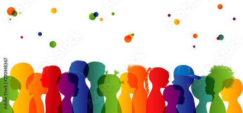 Childhood. Multicultural kindergarten. Group of different children profile colored silhouette isolated. Community of multi-ethnic children. Children with different cultures and races. Communication