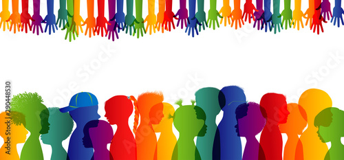 Integration between children with different cultures and races. Childhood. Multicultural kindergarten. Group of different children profile silhouette isolated. Community of multi-ethnic children