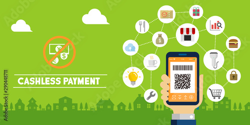 Cashless payment ( QR code payment, smartphone payment) vector banner illustration