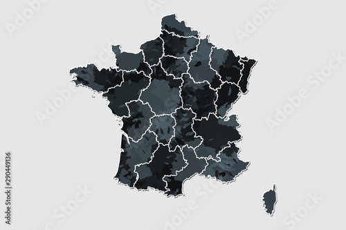 France watercolor map vector illustration of black color with border lines of different regions or provinces on light background using paint brush in page