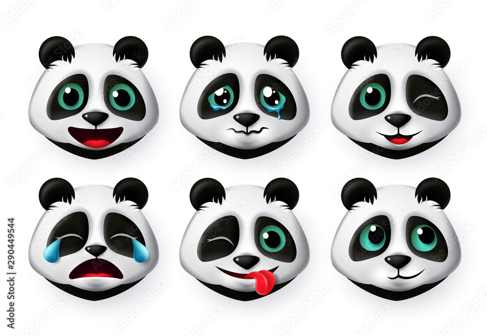 Emoji panda bear vector set. Cute giant panda bear emoticon and icon with facial expression of happy and crying isolated in white background. Vector illustration 3d realistic. Emoji panda bear vector set. Cute giant panda bear emoticon and icon with facial expression of happy and crying isolated in white background. Vector illustration 3d realistic.