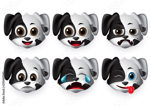 Dog emojis vector set. Puppy dogs face emoticon and icon in crying and funny facial expressions and emotion isolated in white background. Vector illustration.