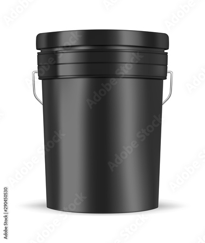 Black glossy metal or plastic bucket with handle isolated on white background, realistic vector mockup illustration. Pail container, template