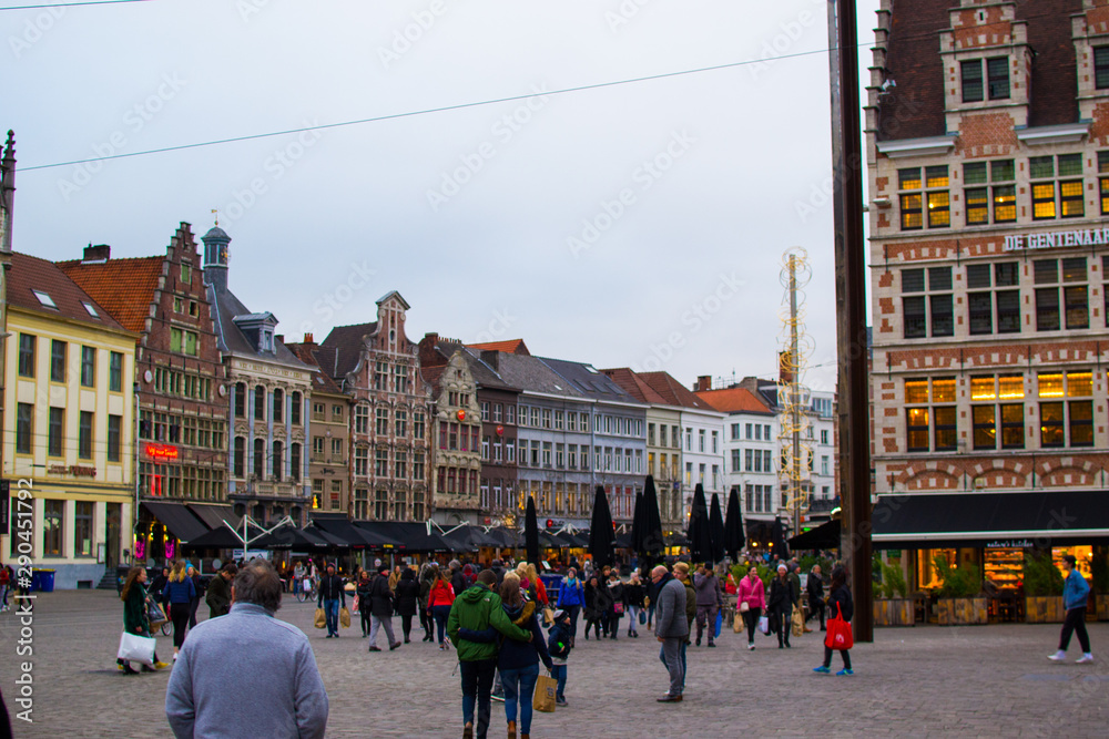 Ghent, Belgium; 10/29/2018: Wheat Market square (Korenmarkt), one of the most famous landmarks in Ghent