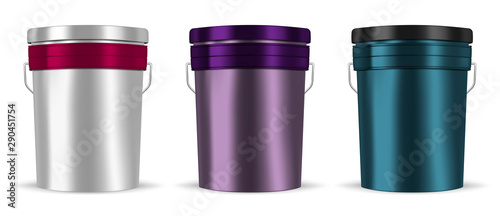Glossy color metal bucket with handle isolated on white background, realistic vector mockup set. Blank metallic pail container with lid, template. Easy to recolor