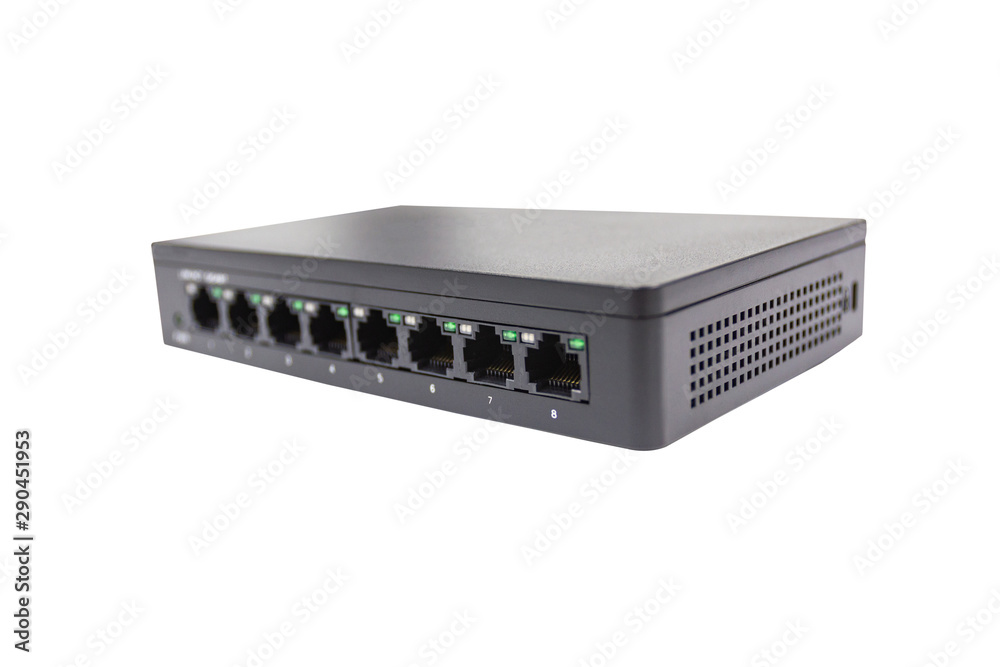 Black switch 8 port gigabit isolated white background device connect network and internet, clipping path Black switch 8 port gigabit isolated white background device connect network and internet, clipping path
