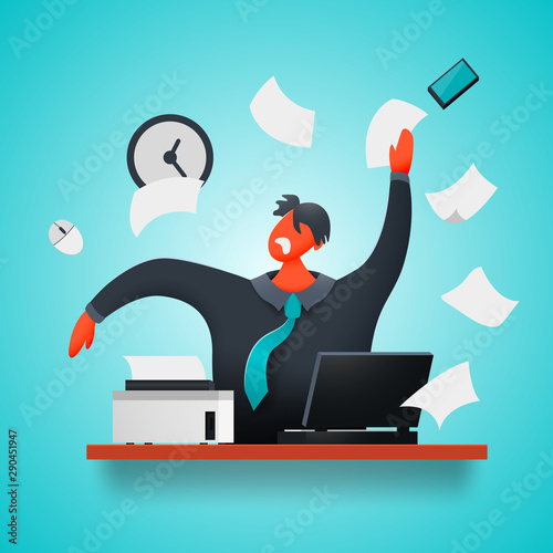 In the office at the desk, a man in stress throws paper, a phone, a mouse. Vector illustration.