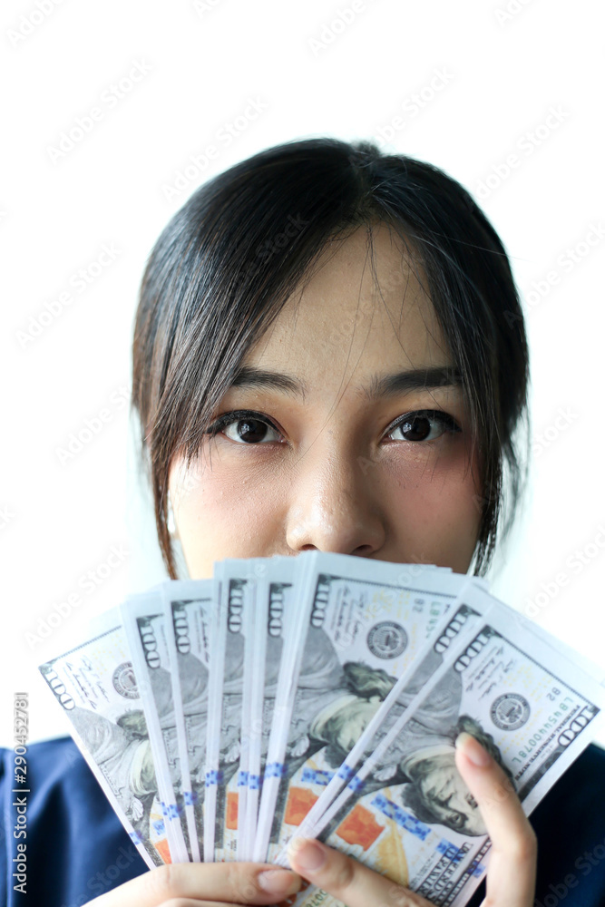 Portrait Asia smiling woman with dollars in hand,happy to have money concept. Portrait Asia smiling woman with dollars in hand,happy to have money concept.