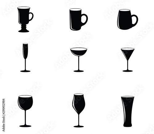 Set of vector glasses. Set of vector glasses for wine, martini, champagne and other