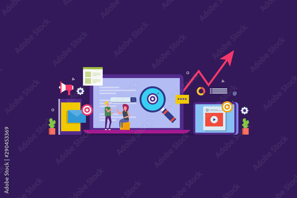 Flat design concept of targeting digital audience, internet marketing, seo, social media, video blogging, marketing data concept with character figure.