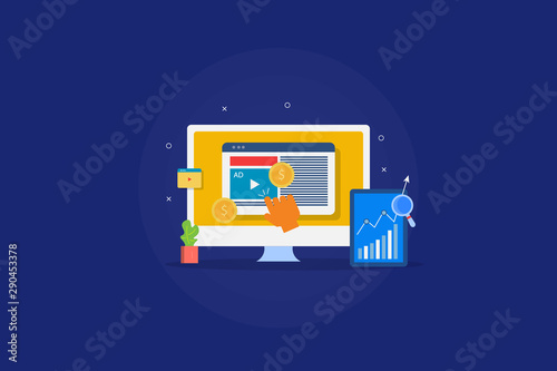 Making money with video marketing campaign, video blogging, video monetization, app analytic, flat design vector banner.