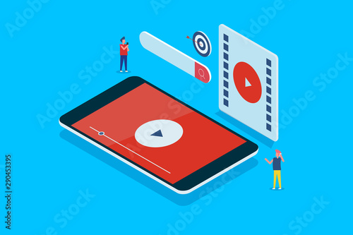Video marketing, digital content, engaging audience, re-targeting concept, Isometric design with character figure.