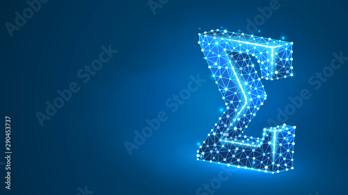 Sigma, the letter of a Greek alphabet. Greek numerals, mathematical two hundred number concept. Abstract, digital, wireframe, low poly mesh, Raster blue neon 3d illustration. Triangle, line dot