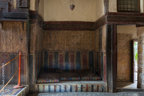 Built-in bench - couch - at historical El Sehemy house, an old Ottoman era house located in Gamalia district, Cairo, Egypt, built in 1648 photo