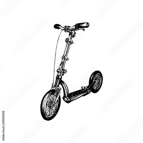Vector illustration of push scooter. Hand drawn sketch of foot-driven transport on a white background.