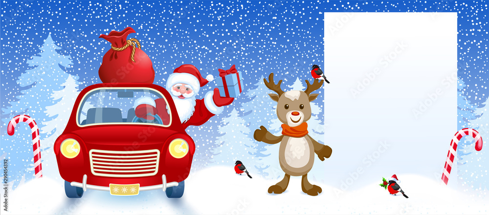 Fototapeta Cartoon deer and Santa Claus in retro car wit gift box anr big Christmas bag rides near billboard for layout congratulation or letter with list wish to Santa Claus