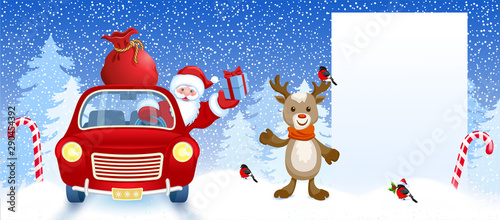 Cartoon deer and Santa Claus  in retro car wit gift box anr big Christmas bag rides near billboard for layout congratulation or letter with list wish to Santa Claus