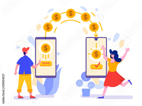 Online Money Transfer with Mobile Phone Illustration Concept. Modern design concept of web page design for website and mobile website.Vector illustration EPS 10