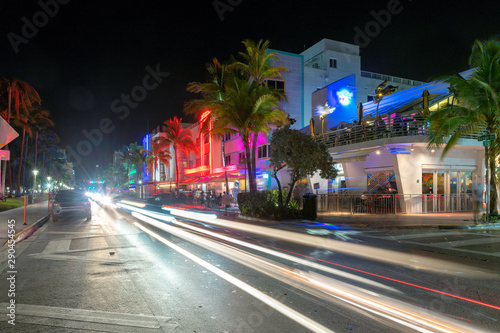 Night street at Ocean Drive in Miami Beach, Florida - hotels and restaurants at sunset on Ocean Drive, Miami Beach. © lucky-photo