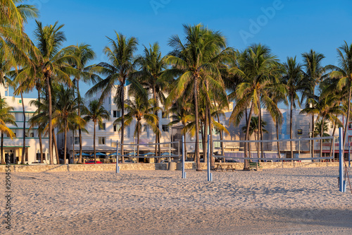 Beach area at morning  hotels and restaurants at sunrise in Ocean Drive  Miami Beach  Florida.