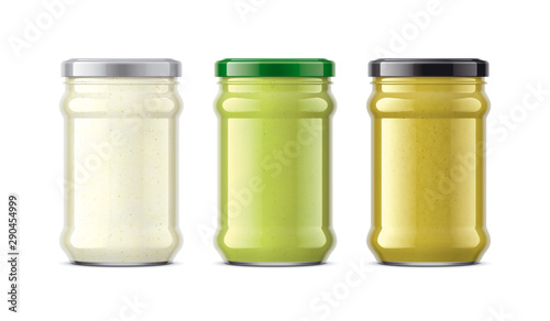 Set of Glass Jar with Sauces, Mustard, Wasabi, Horseradish. 