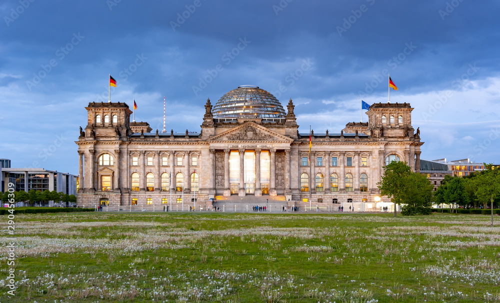 Reichstag building (Bundestag - parliament of Germany) in Berlin at sunset