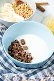 white wheat and chocolate granola with low-fat yogurt in a white bowl in a composition with a spoon, honeycombs, banana, on white wooden background. Healthy breakfast food. Gluten free