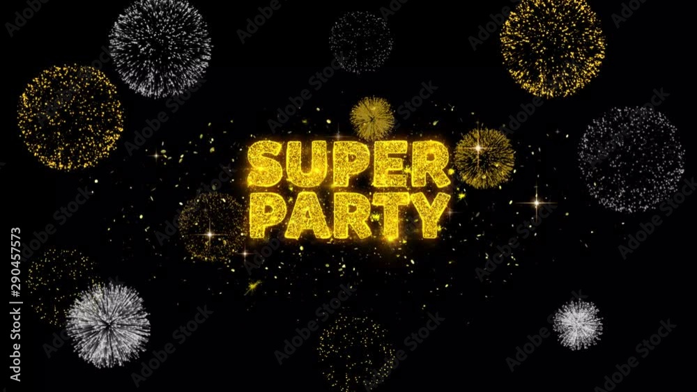 Super Party Text Reveal on Glitter Golden Particles Firework. Sale, Discount Price, Off Deals, Offer promotion offer percent discount ads 4K Loop Animation.