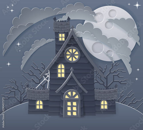 A spooky Halloween haunted house scene in a cartoon papercraft style