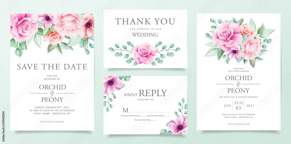 Elegant floral wedding invitation card template set with purple and pink flowers, leaves decoration. Botanical card background bundle