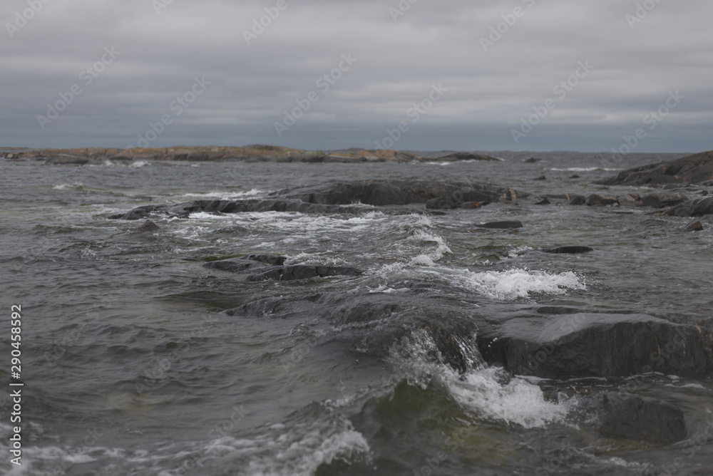 Dark moody seascape of Baltic sea in Finland archipelago.