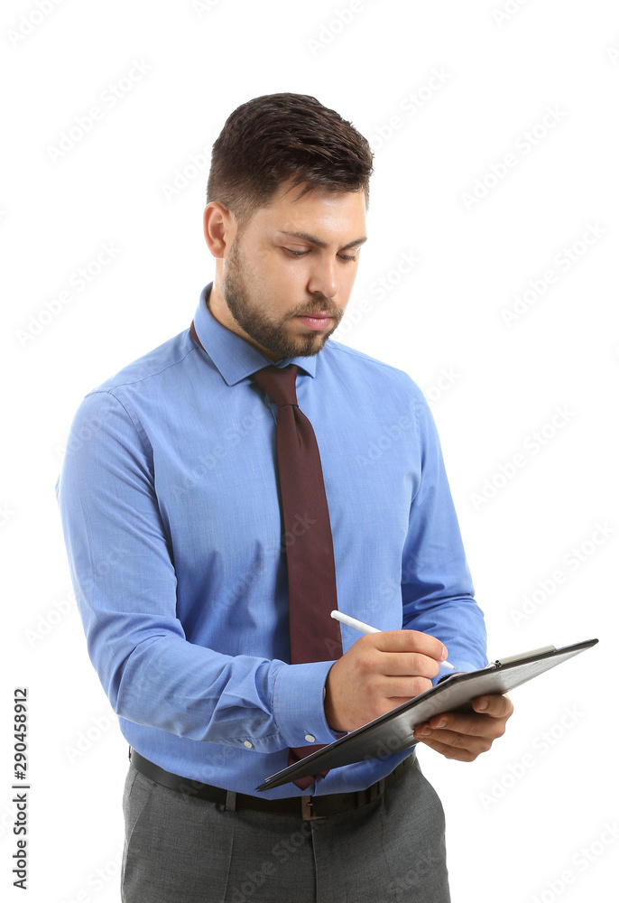 Portrait of businessman with clipboard on white background Portrait of businessman with clipboard on white background