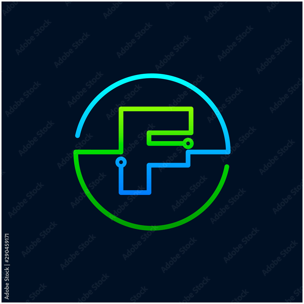 Letter F mono line logo with element chip, Connect concept , Circle shape symbol, green and blue color, Technology and digital abstract dot connection - vector Letter F mono line logo with element chip, Connect concept , Circle shape symbol, green and blue color, Technology and digital abstract dot connection - vector