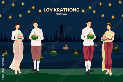 Thai couple traditional dress floating flowers loy kratong thailand festival full super moon background night and temple scene celebration culture with copy space eps10 vector illustration