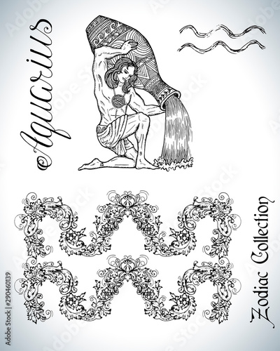 Set with Aquarius zodiac sign and mascot drawing. Collection of astrological symbols in baroque victorian style and characters. Vector hand drawn illustration for Horoscope, Esoteric and Mystic design