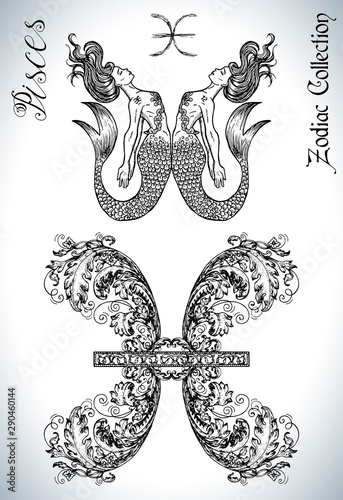 Set with Pisces zodiac sign and mascot drawing. Collection of astrological symbols in baroque victorian style and characters. Vector hand drawn illustration for Horoscope, Esoteric and Mystic design