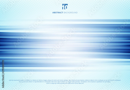 Abstract blue horizontal lines motion blur background technology style with halftone. Speed sport motion.