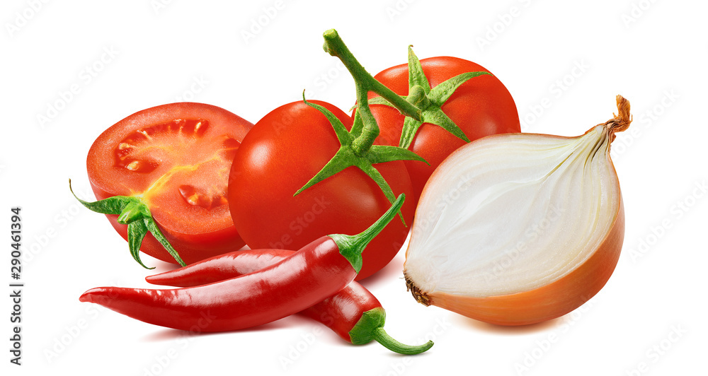 Hot salsa ingredients. Tomato, onion and red chili pepper isolated on white background Hot salsa ingredients. Tomato, onion and red chili pepper isolated on white background