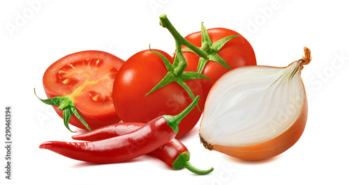 Hot salsa ingredients. Tomato, onion and red chili pepper isolated on white background