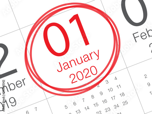 Close up of first day of the year 2020 on diary calendar.