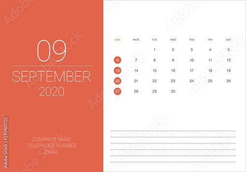 September 2020 desk calendar vector illustration