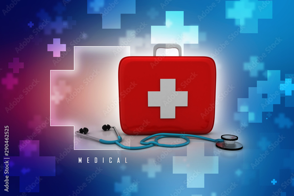 Obraz premium 3d rendering stethoscope with first aid box
