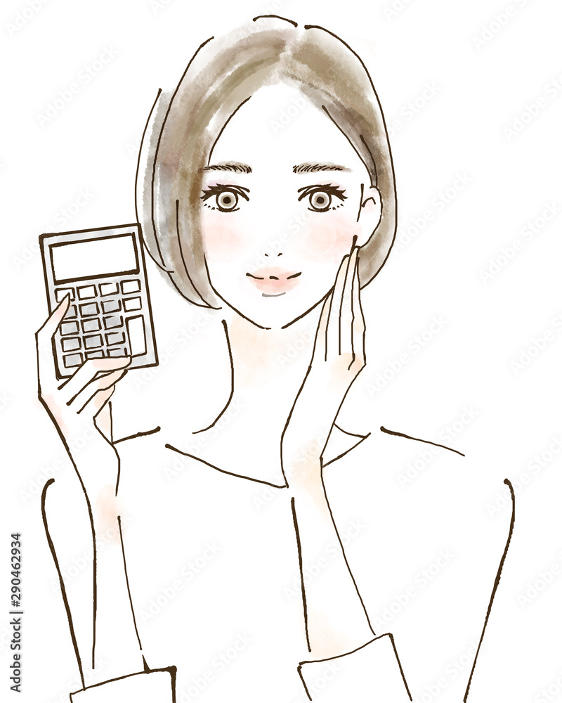 電卓を持つ女性 計算 家計簿 若い主婦 資産運用 株 証券