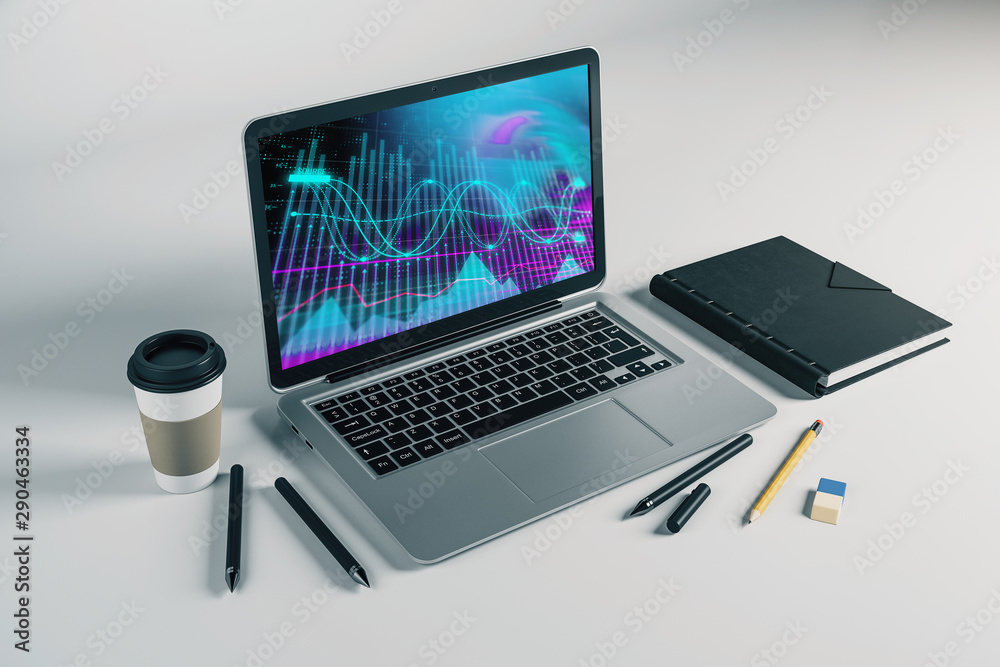 Laptop closeup with forex graph on computer screen. Financial trading and education concept. 3d rendering. Laptop closeup with forex graph on computer screen. Financial trading and education concept. 3d rendering.